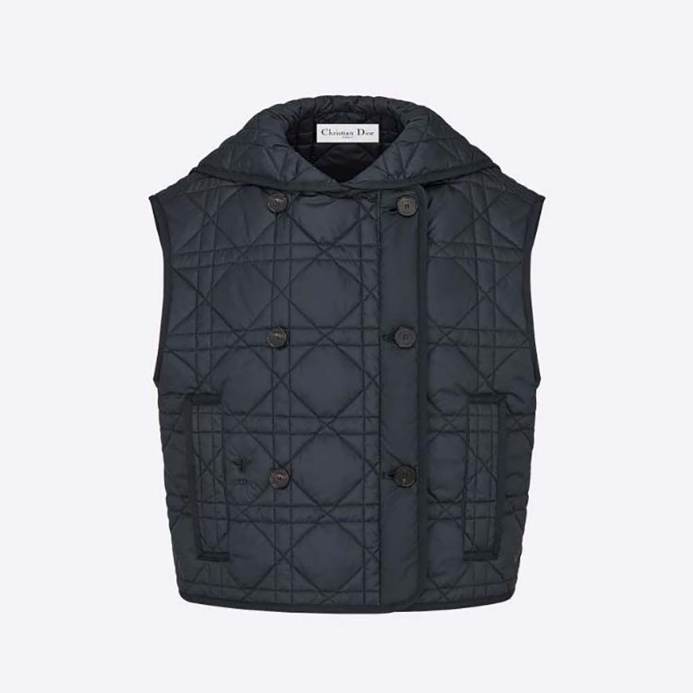 Front view of Dior Women Sleeveless Cropped Macrocannage Vest Navy Blue Quilted Technical Taffeta