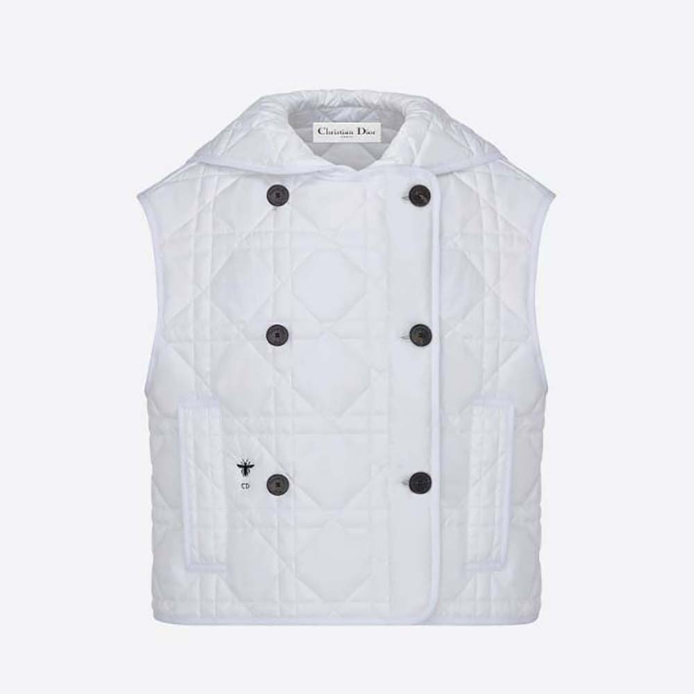 Front view of Dior Women Sleeveless Cropped Macrocannage Vest White Quilted Technical Taffeta