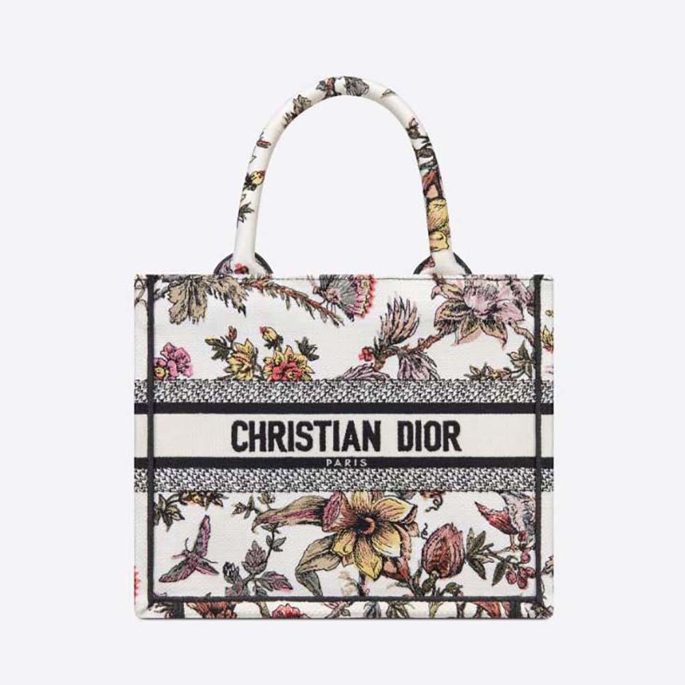 Front view of Dior Women Small Dior Book Tote White Multicolor Dior Jardin Botanique Embroidery