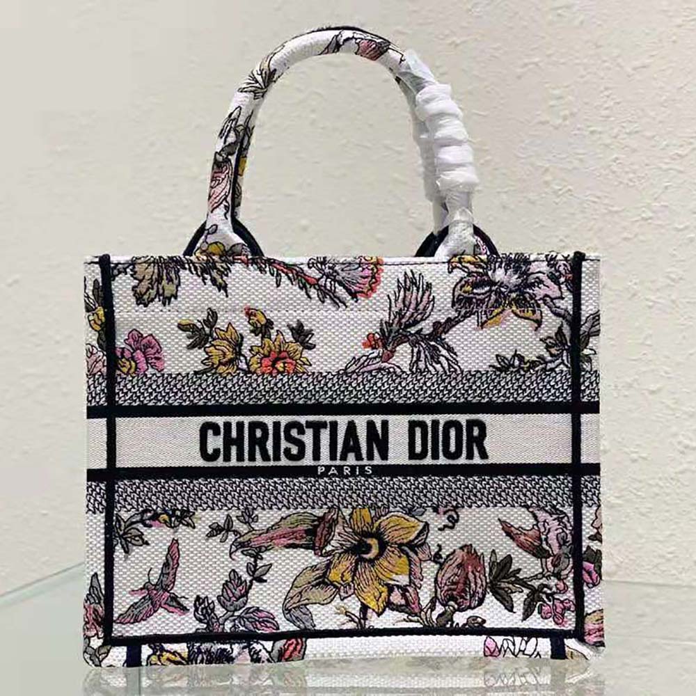 Close-up detail of multicolor botanical embroidery on Dior Women Small Dior Book Tote