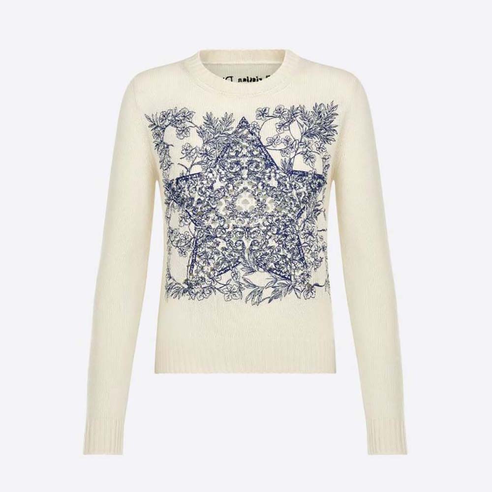 Front view of Dior Women Sweater Ecru Cashmere Knit with blue Sevilla Star