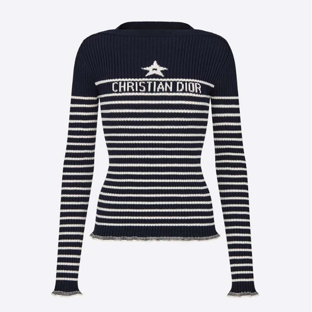 Front view of Dior Women Sweater Navy Blue and White Cotton Ribbed Knit with Signature