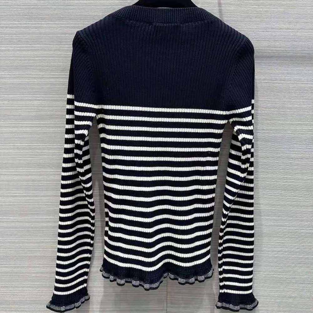 Side angle showcasing fit and silhouette of Dior Women Sweater Navy Blue and White