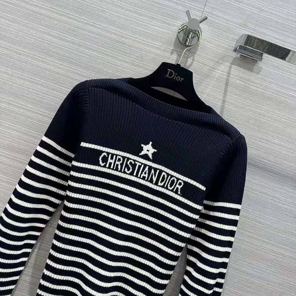 Dior Women Sweater Navy Blue and White Cotton Ribbed Knit with Signature - image 4