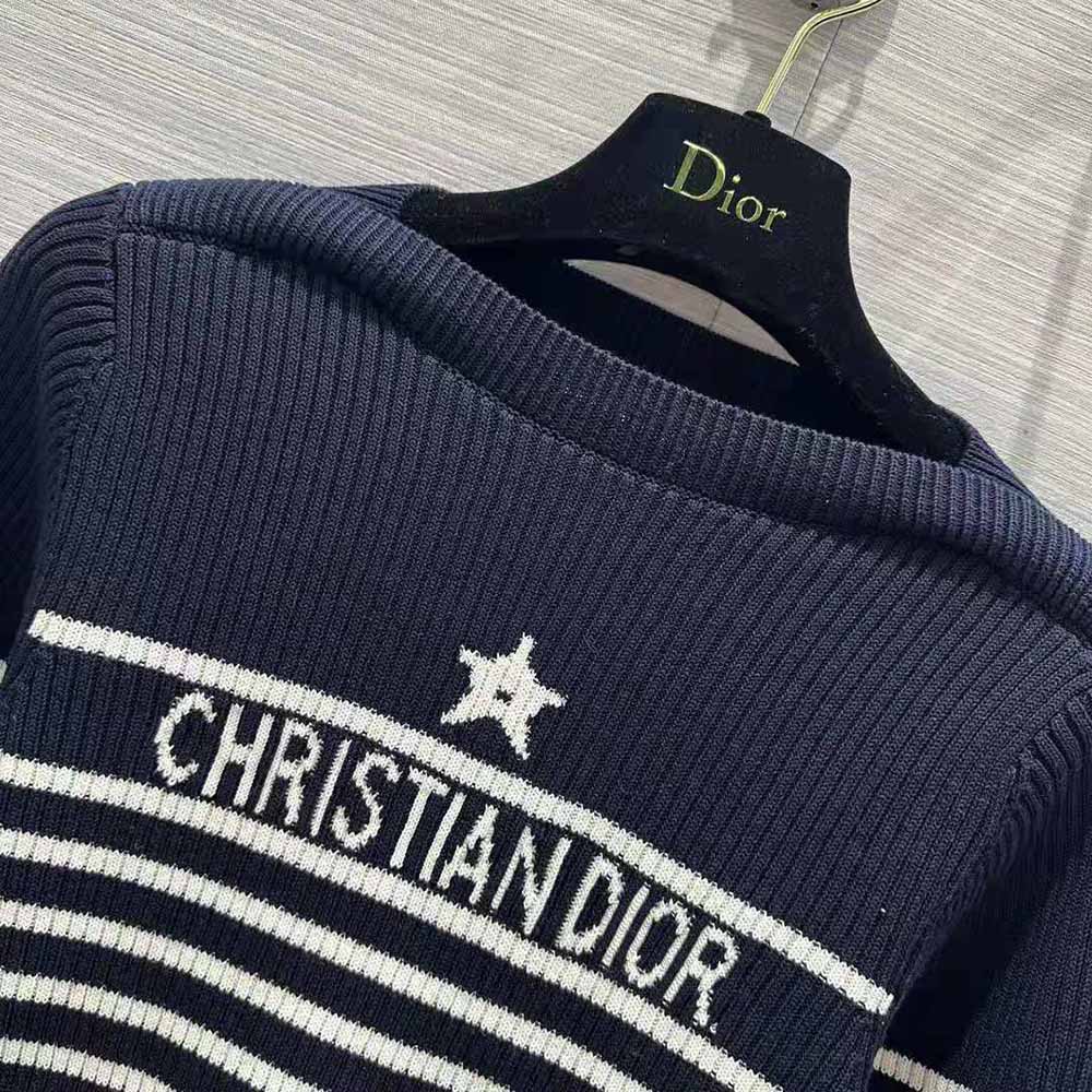 Dior Women Sweater Navy Blue and White Cotton Ribbed Knit with Signature - image 5