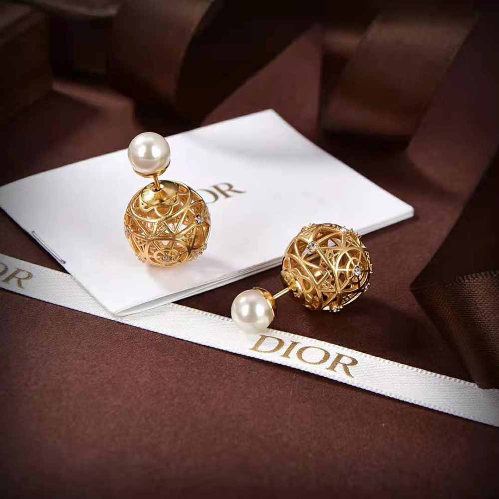 Dior Women Tribales Earrings Gold-Finish Metal with White Resin Pearls and Silver-Tone Crystals - image 5