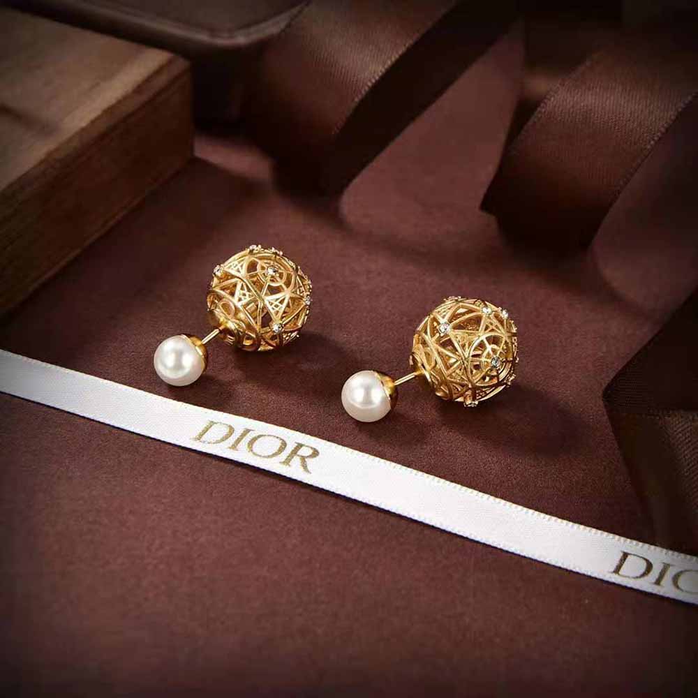 Dior Women Tribales Earrings Gold-Finish Metal with White Resin Pearls and Silver-Tone Crystals - image 4