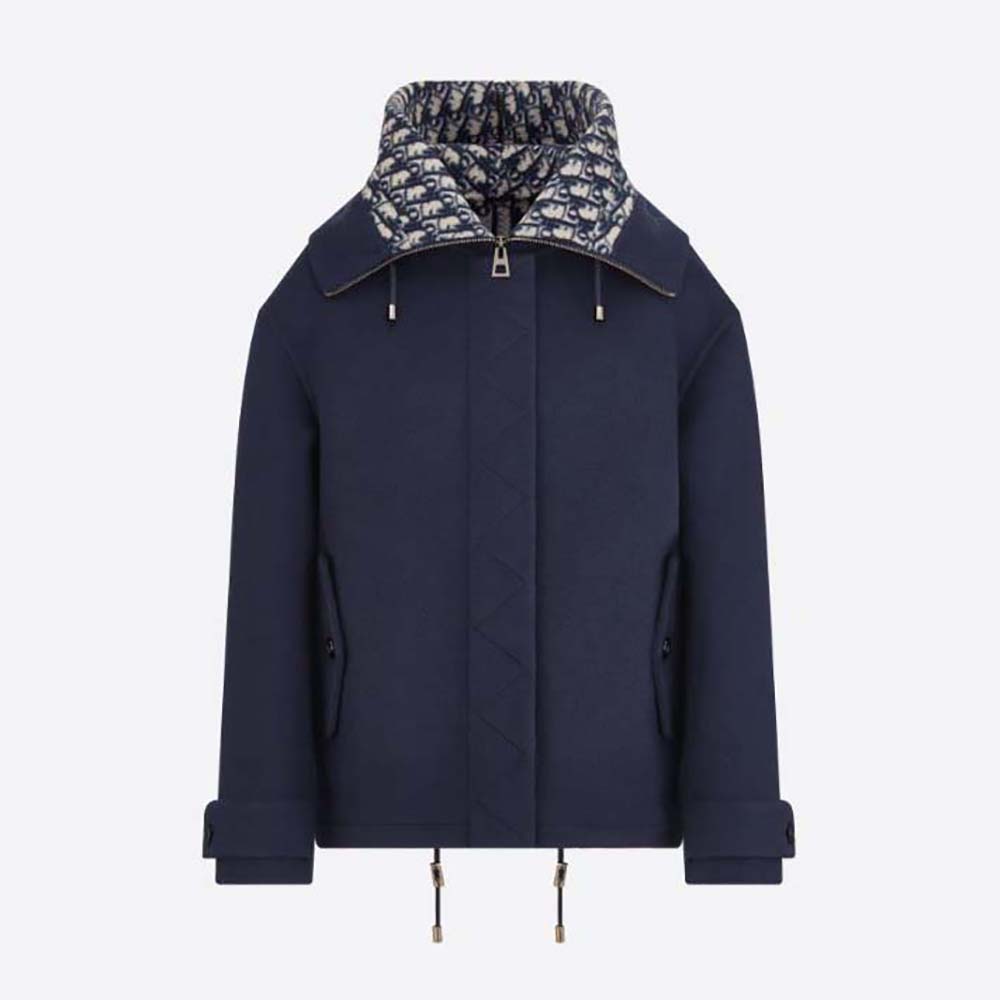 Front view of Dior Women Zipped-Hood Peacoat Navy Blue wool and silk