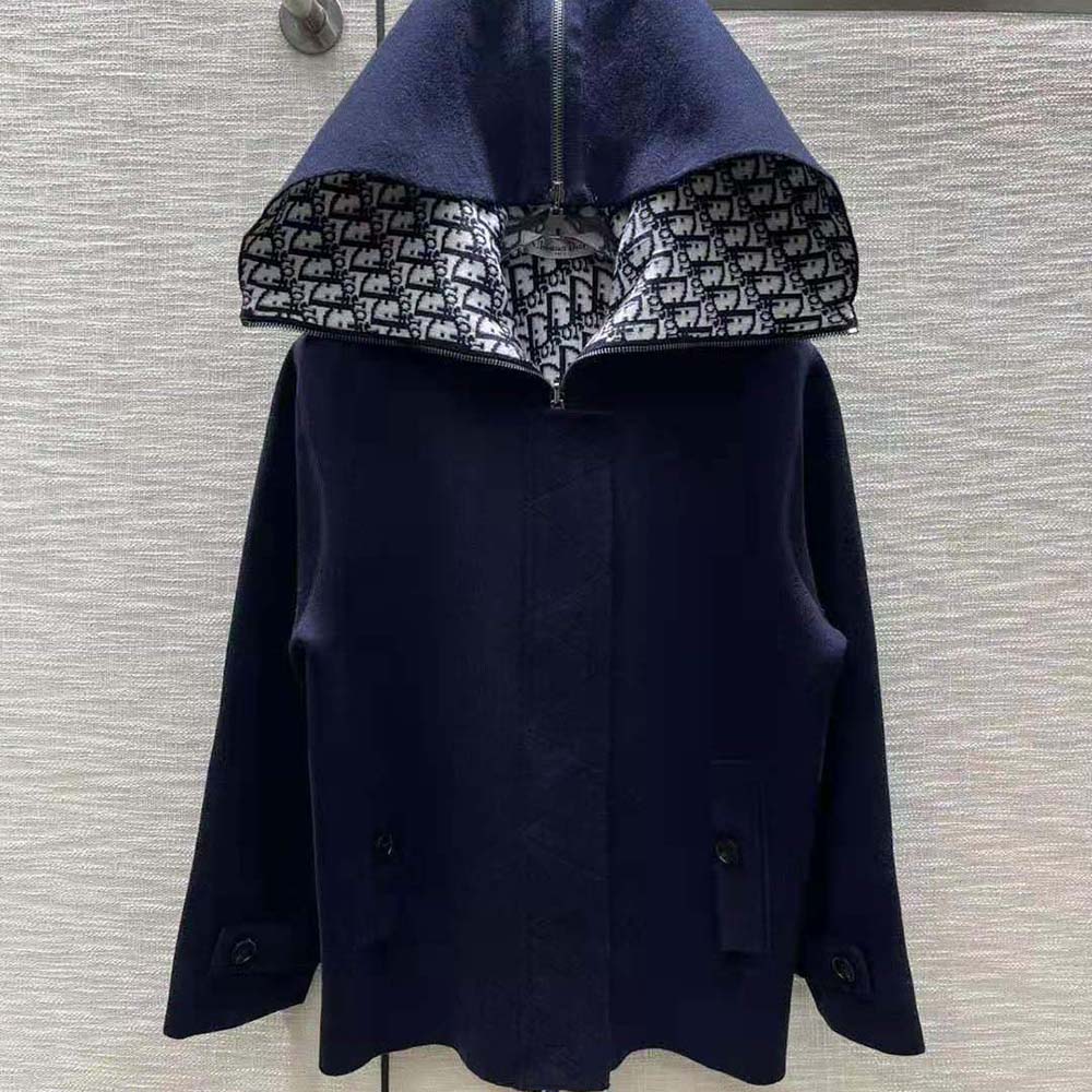 Close-up of Dior Oblique interior and zipped hood on peacoat