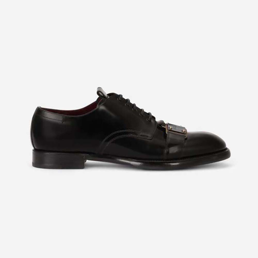Side angle of Dolce Gabbana D&G Men Brushed Calfskin Derby Shoes with Branded Plate