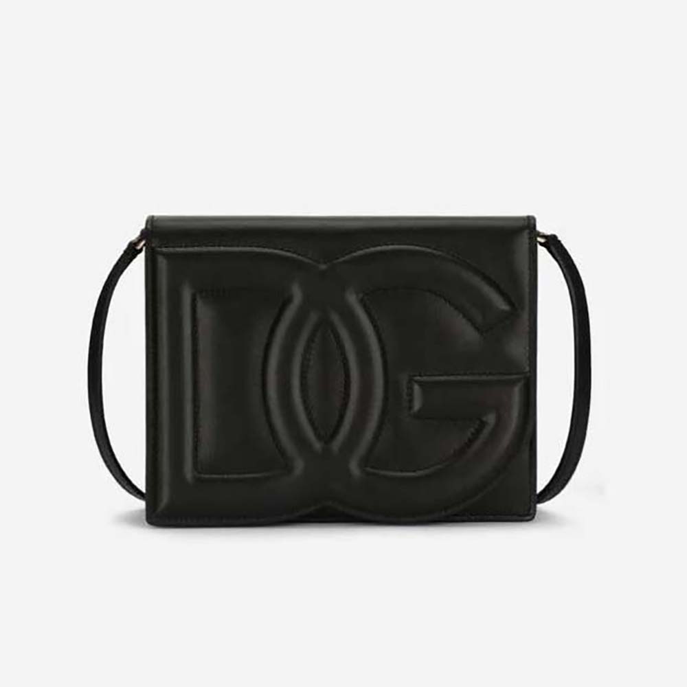 Front view of Dolce Gabbana D&G Women Calfskin DG Logo Bag Crossbody Bag-Black showing gold logo