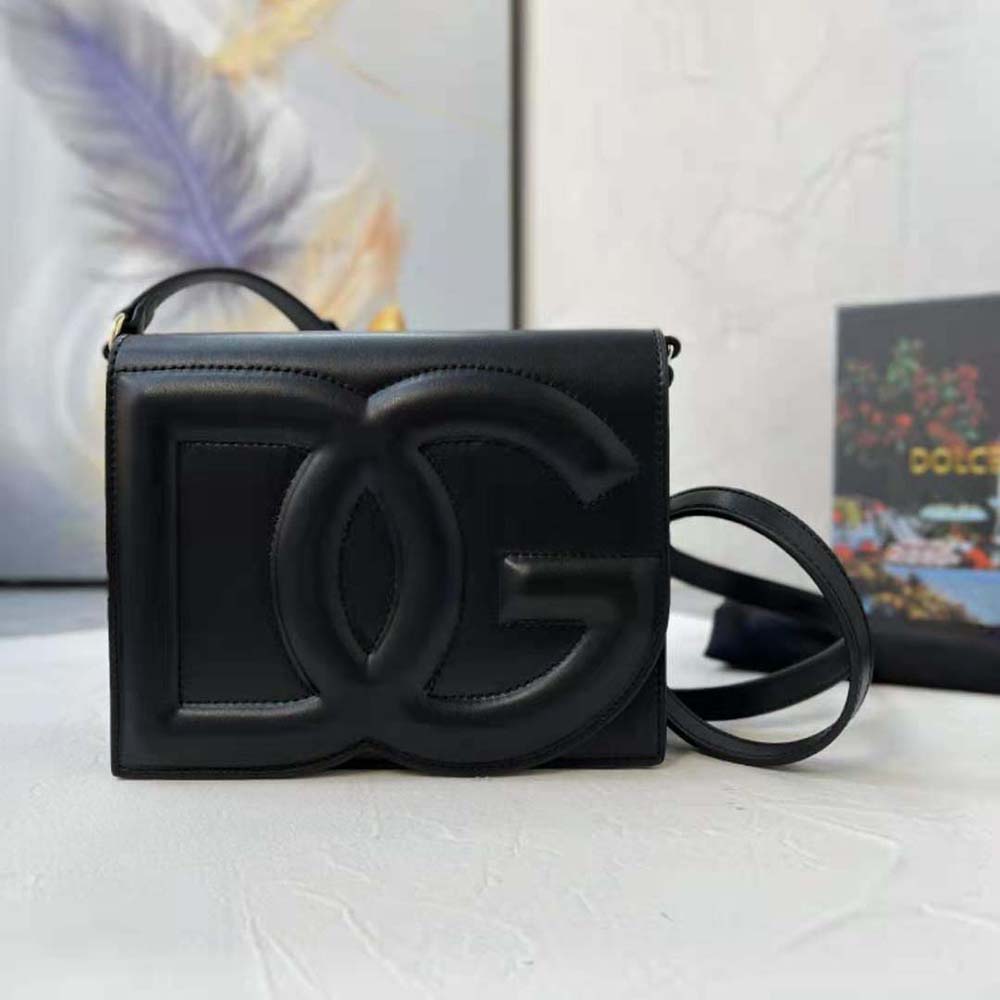 Close-up of gold-tone DG logo hardware on Dolce Gabbana D&G Women Calfskin DG Logo Bag Crossbody Bag-Black