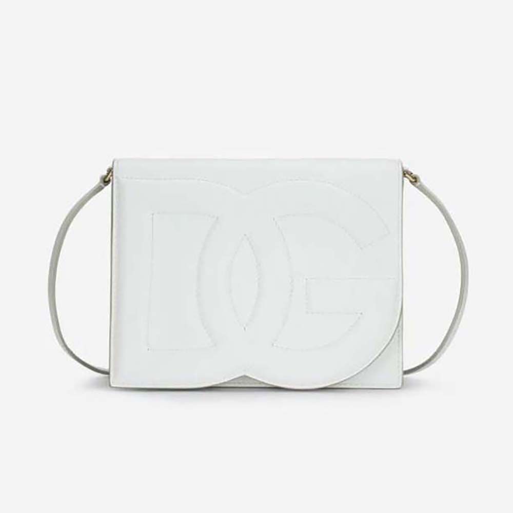 Front view of Dolce Gabbana D&G Women Calfskin DG Logo Bag Crossbody Bag-White