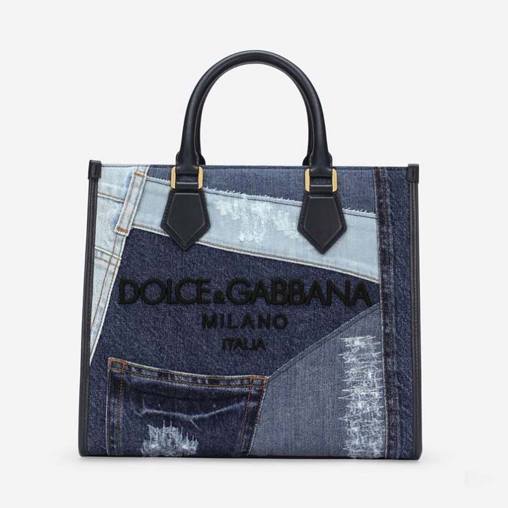 Front view of Dolce Gabbana D&G Women Denim Shopper with embroidered logo