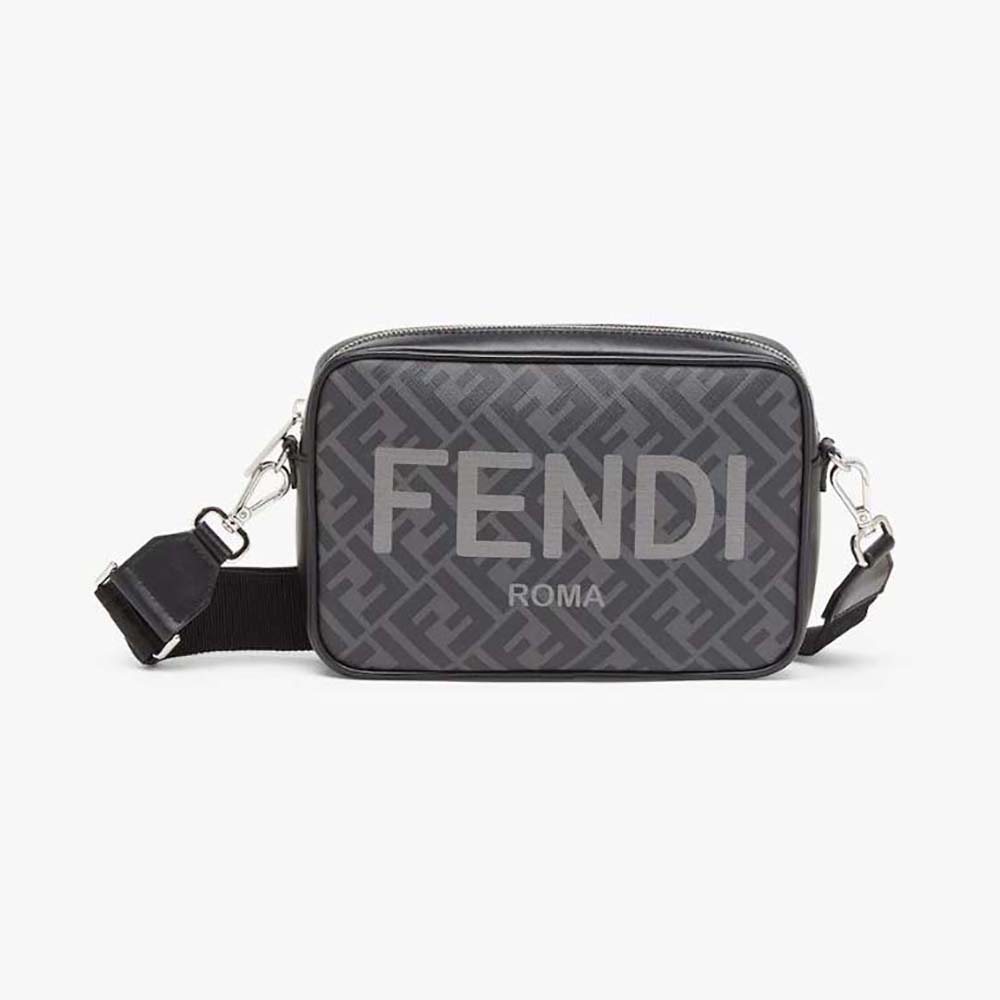Front view of Fendi Men Camera Case Black FF Fabric Bag showing logo pattern