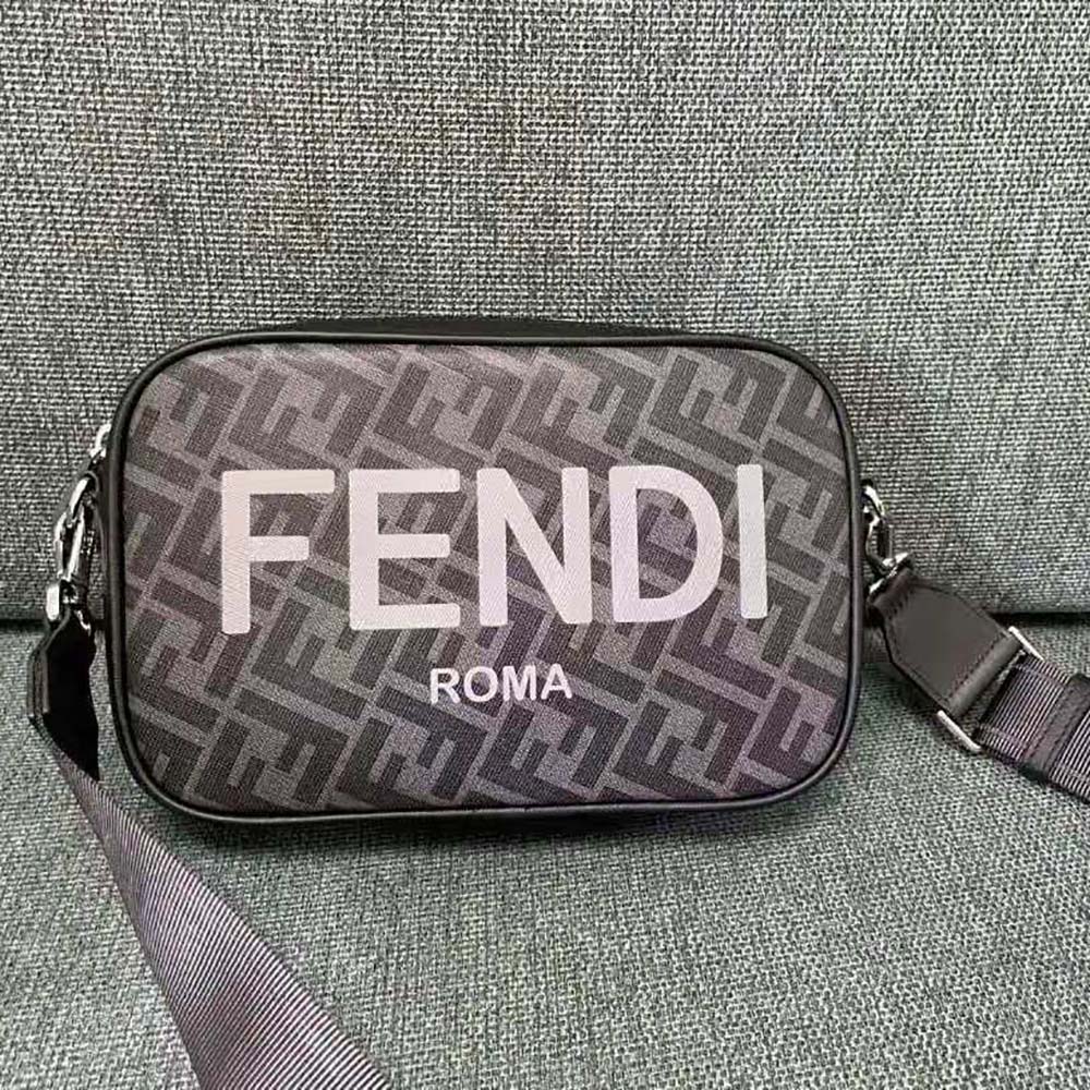 Side angle of Fendi Men Camera Case Black FF Fabric Bag with shoulder strap