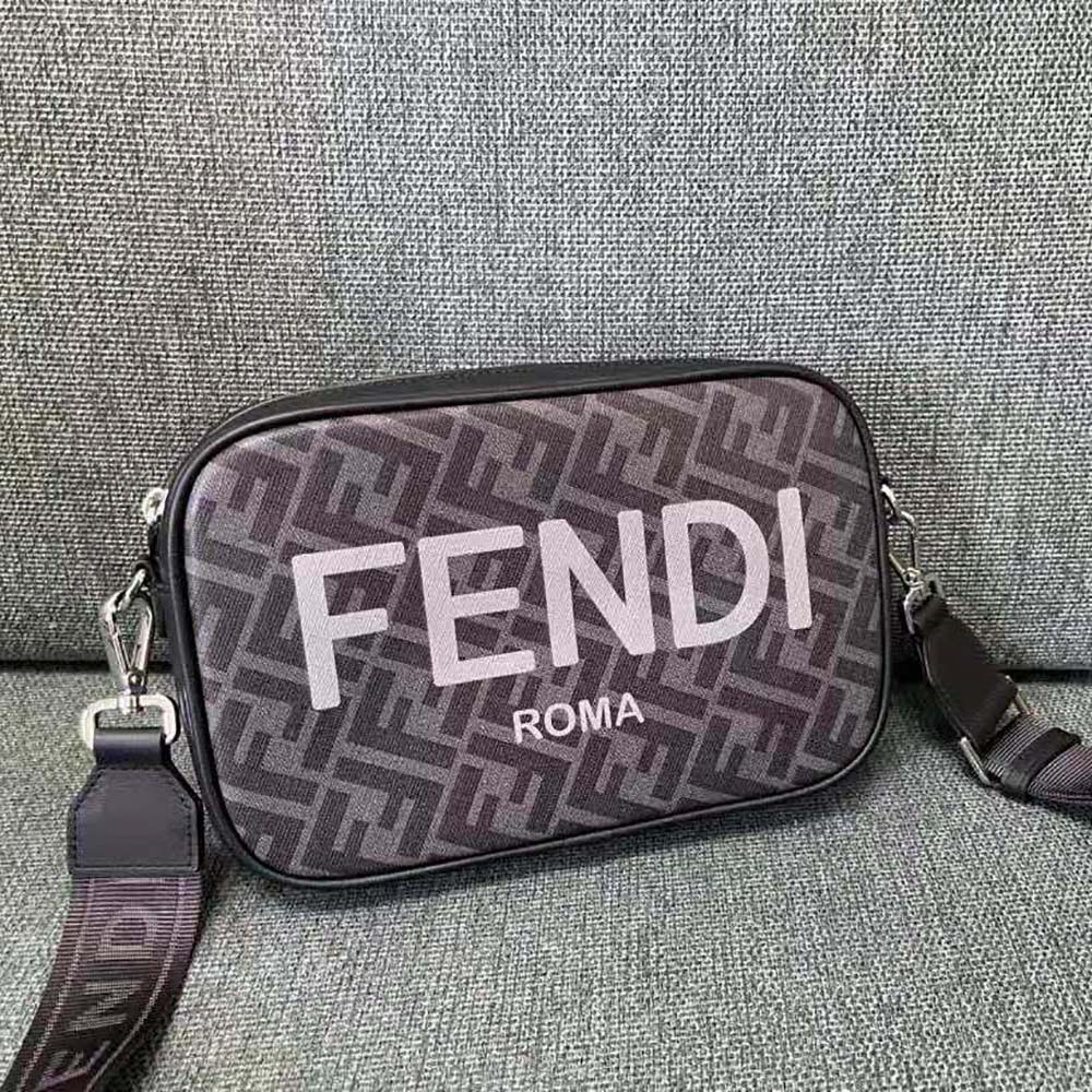 Close-up of brushed gold zip and black FF fabric on Fendi Men Camera Case