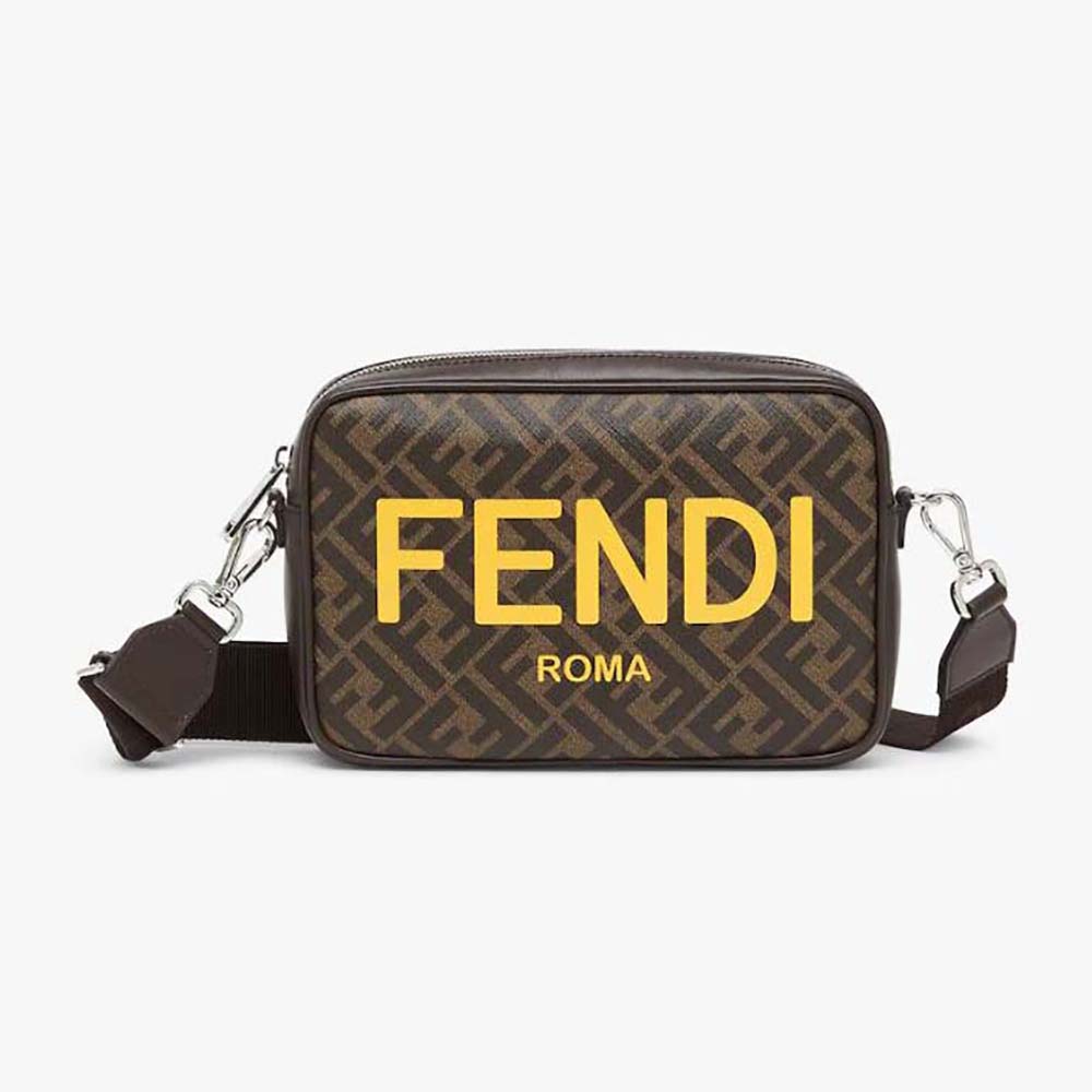 Front view of Fendi Men Camera Case Brown FF Fabric Bag showing signature pattern