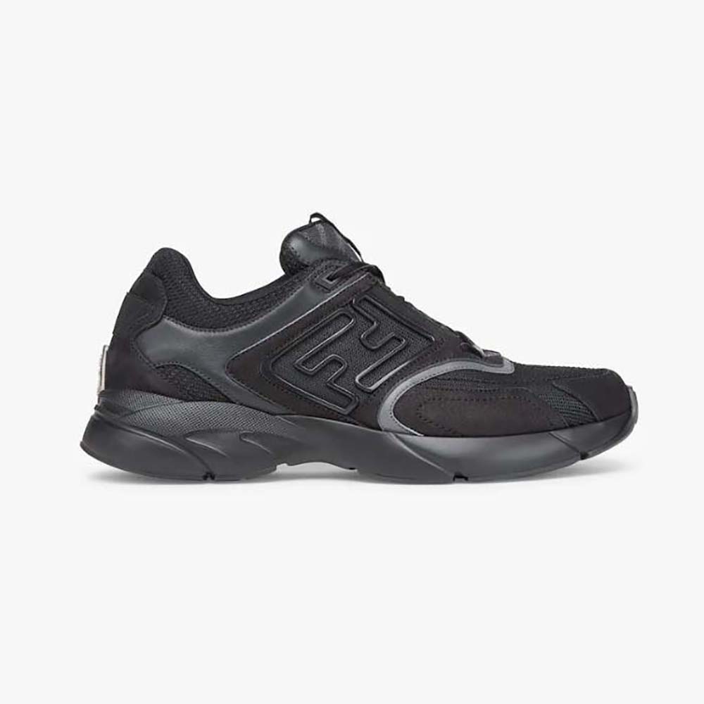 Side view of Fendi Men Faster Trainers Black Nubuck Leather Low-Tops