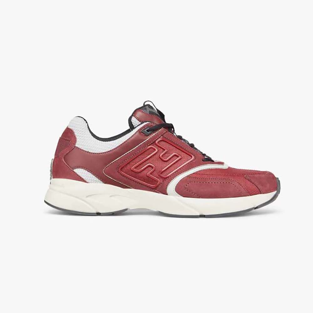 Side view of Fendi Men Faster Trainers Burgundy Nubuck Leather Low-Tops