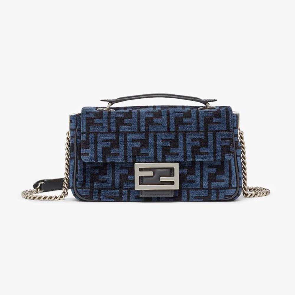 Front view of Fendi Women Baguette Chain Midi Dark Blue FF Tapestry Fabric Bag