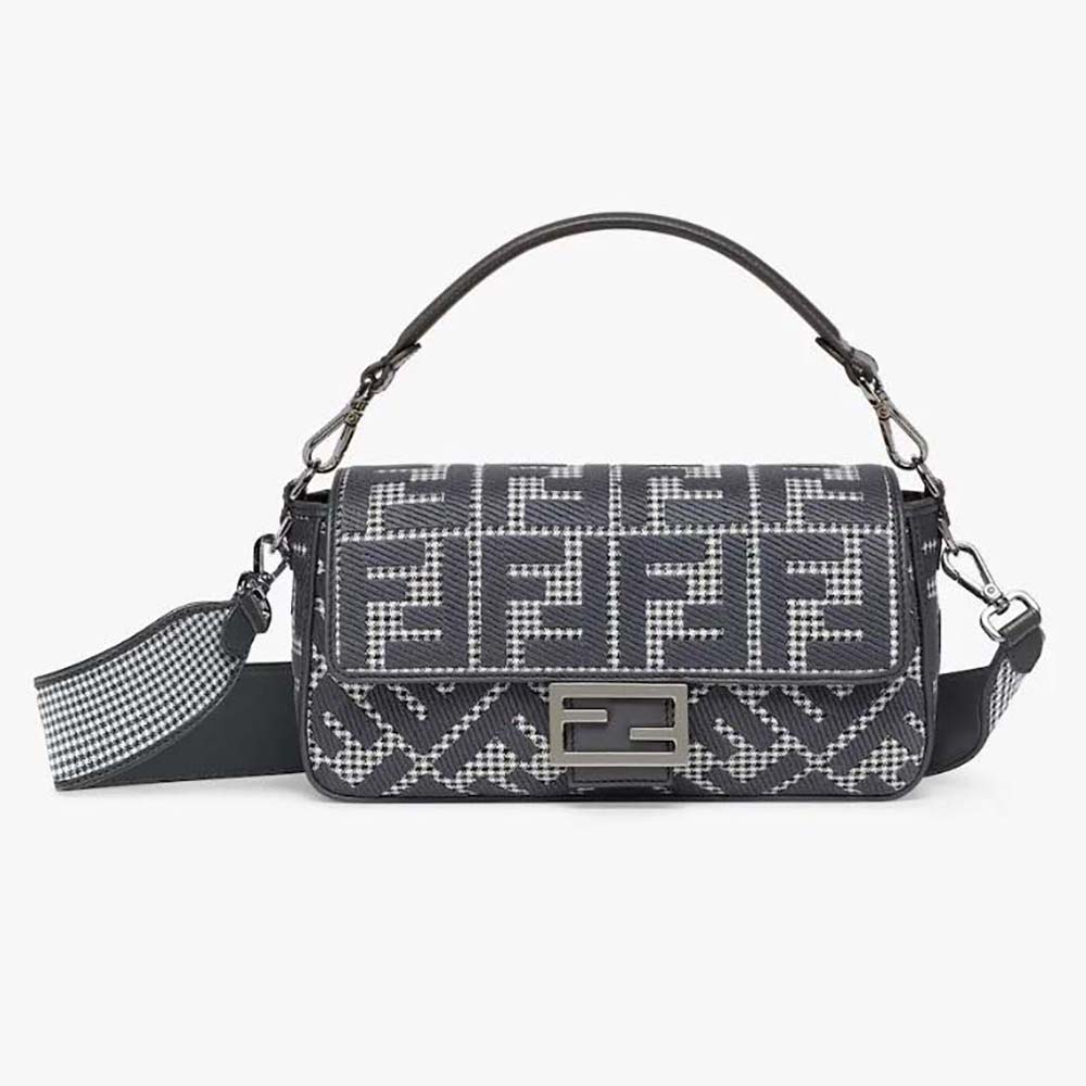 Front view of Fendi Women Baguette Gray Houndstooth Wool Bag with FF Embroidery