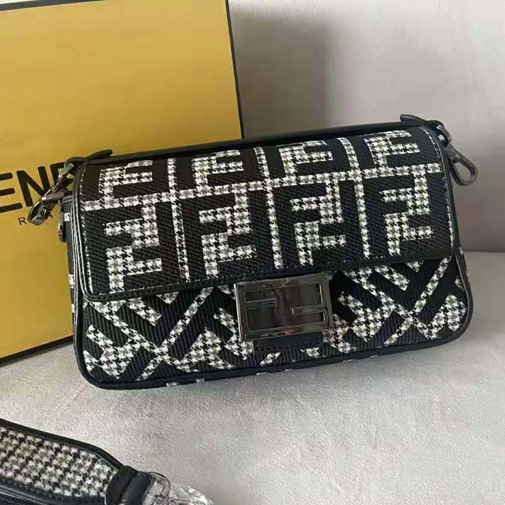 Close-up of FF embroidery and gold hardware on Fendi Gray Houndstooth Wool Bag