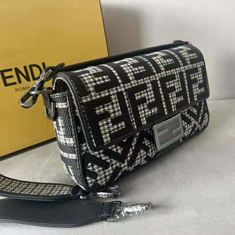 Fendi Women Baguette Gray Houndstooth Wool Bag with FF Embroidery - image 4