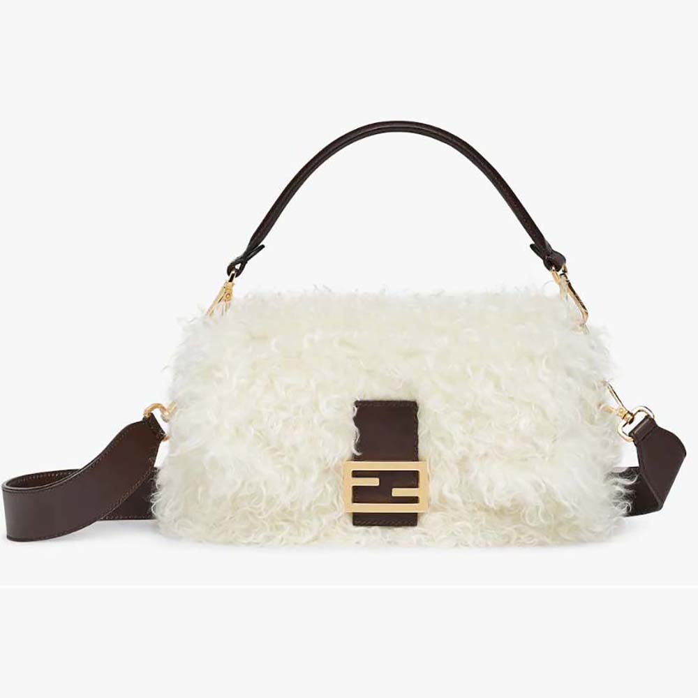 Front view of Fendi Women Baguette White Mohair Wool Bag showing flap closure
