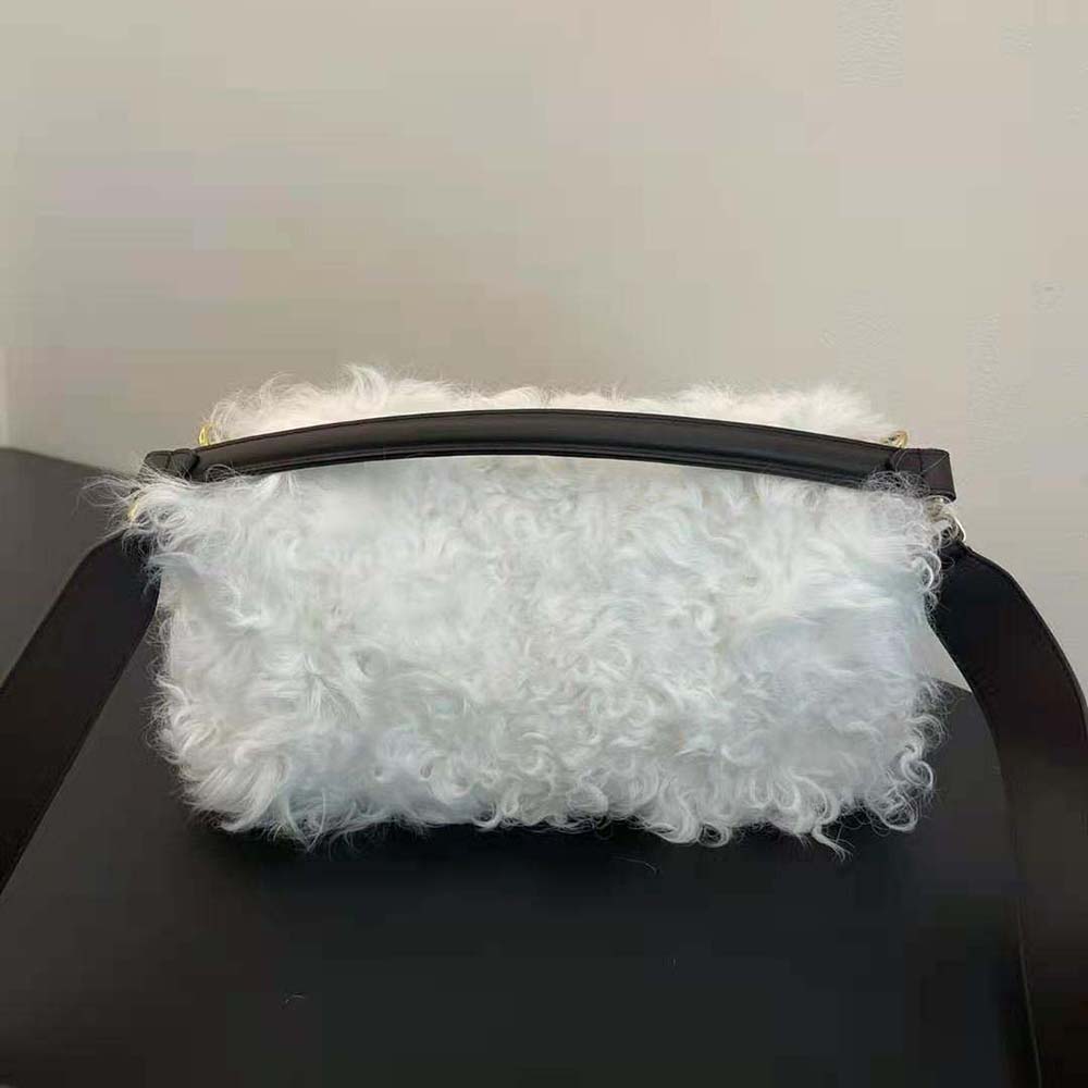 Side angle of Fendi Women Baguette White Mohair Wool Bag with shoulder strap