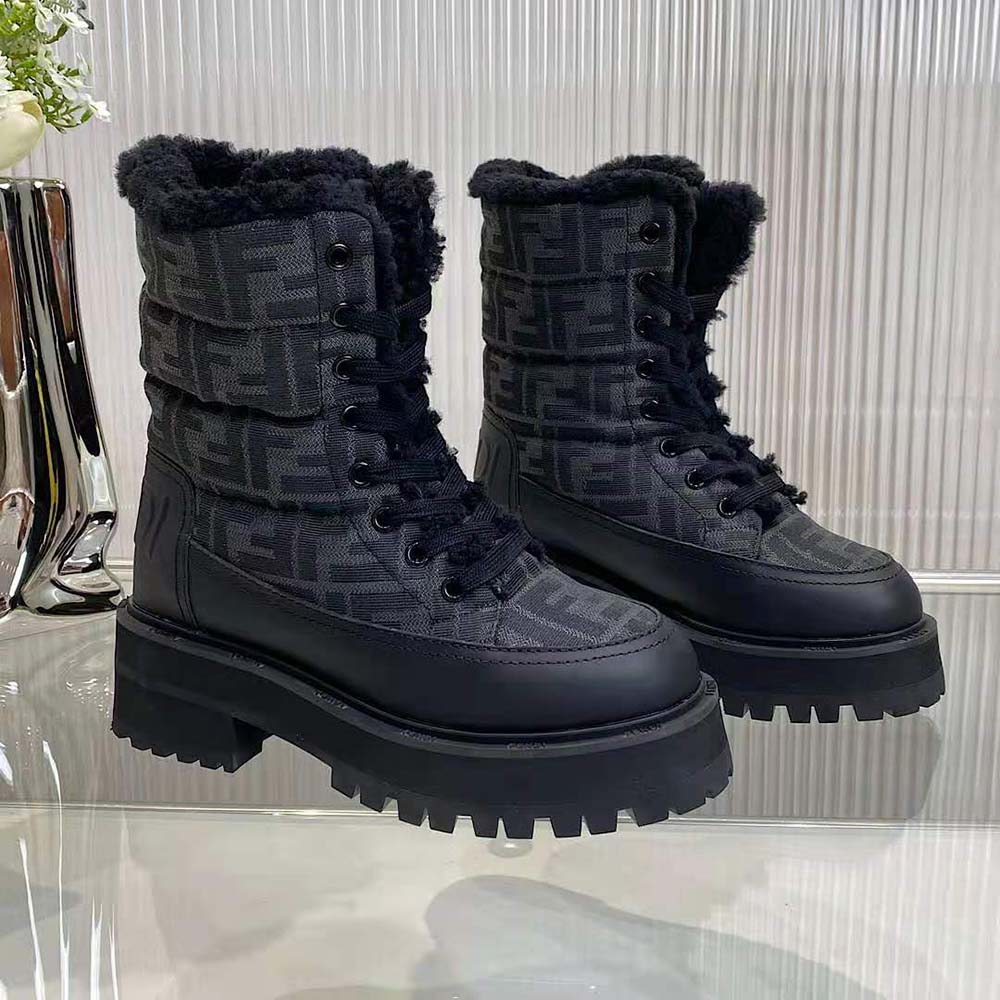 Front angle of Fendi Women Biker Boots Black Leather Biker Boots on display