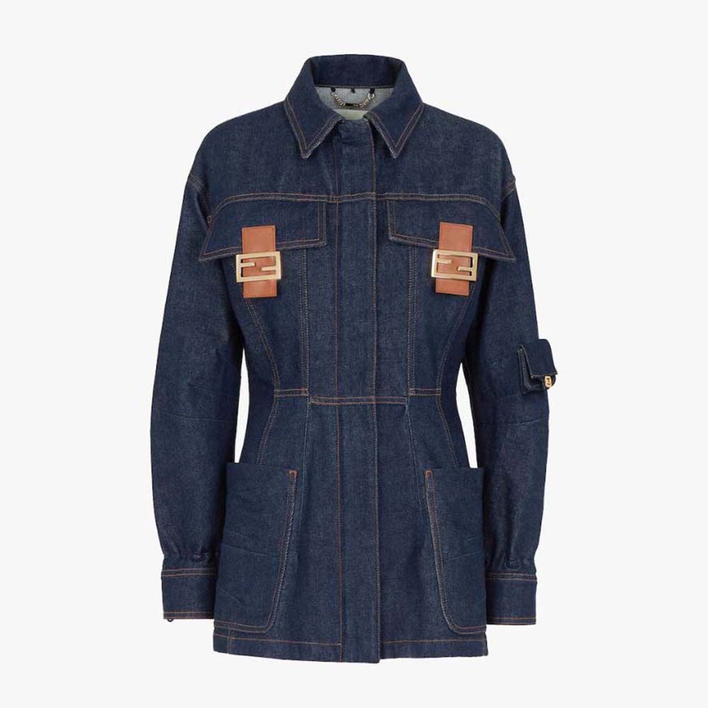Front view of Fendi Women Blue Denim Jacket with button closure
