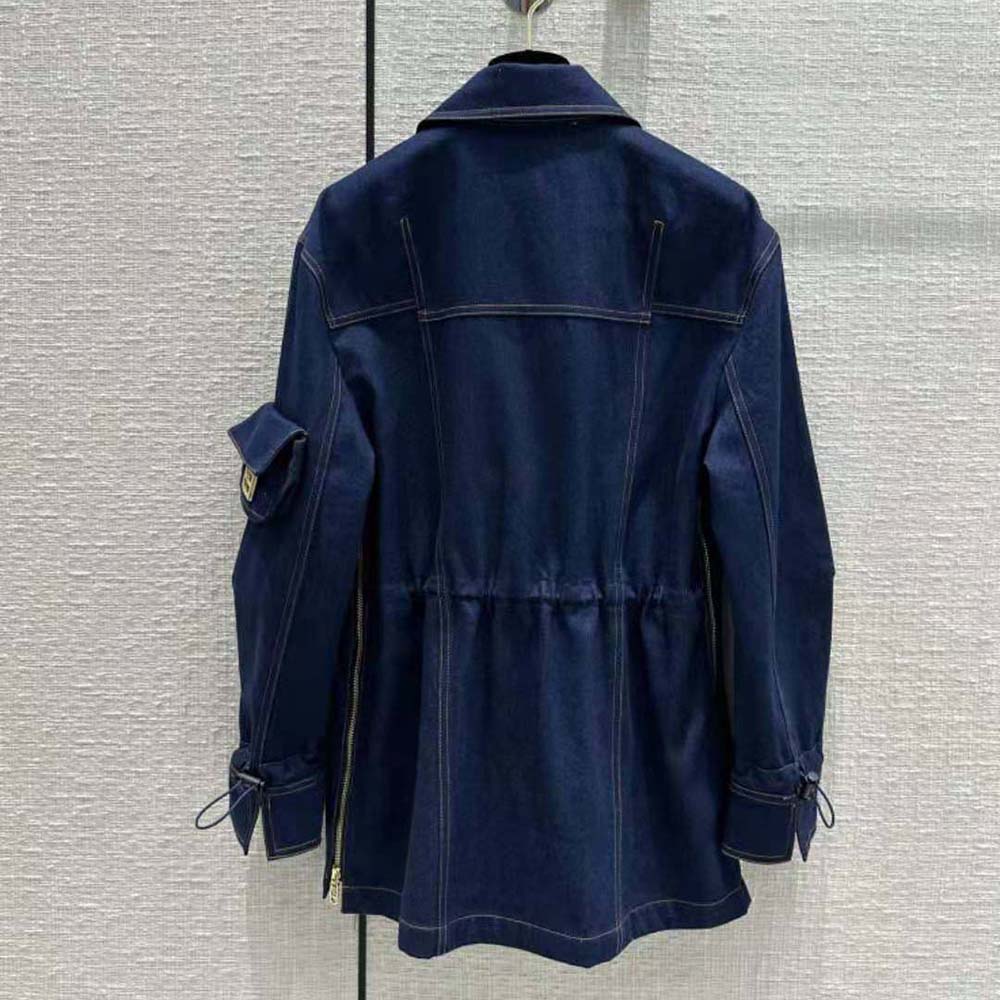 Side angle of Fendi Women Blue Denim Jacket showing relaxed fit