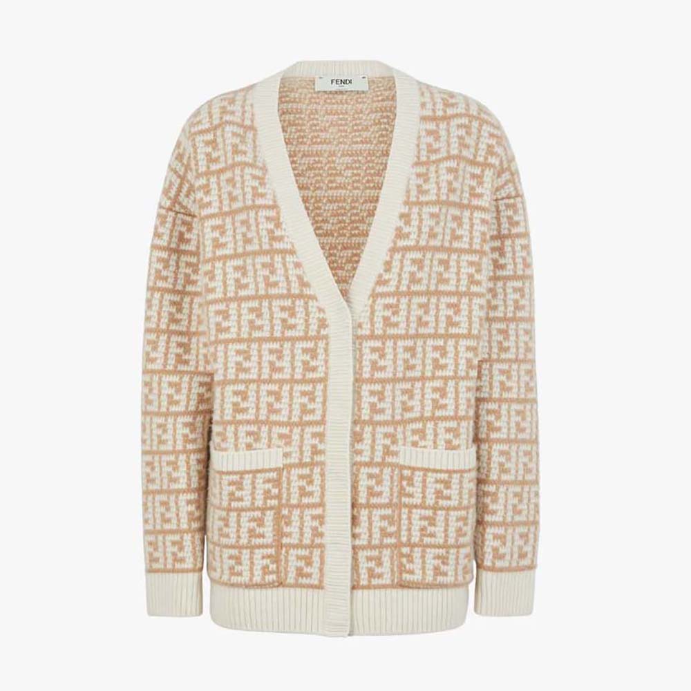 Front view of Fendi Women Brown FF Crocheted Cashmere Cardigan buttoned up