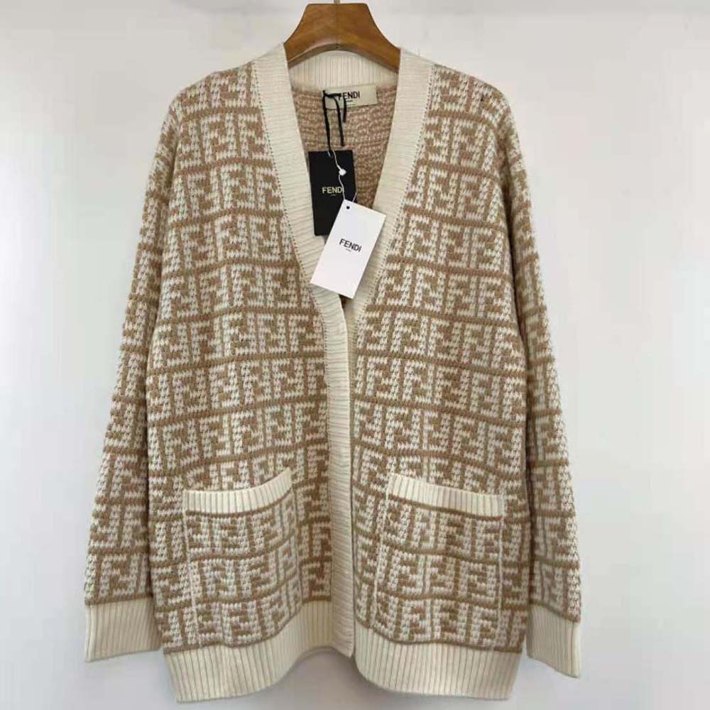 Close-up of FF crochet pattern and embossed buttons on Fendi cardigan