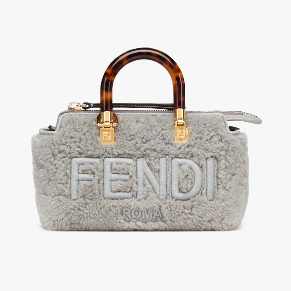 Front view of Fendi Women By The Way Mini Light Gray Sheepskin Small Boston Bag