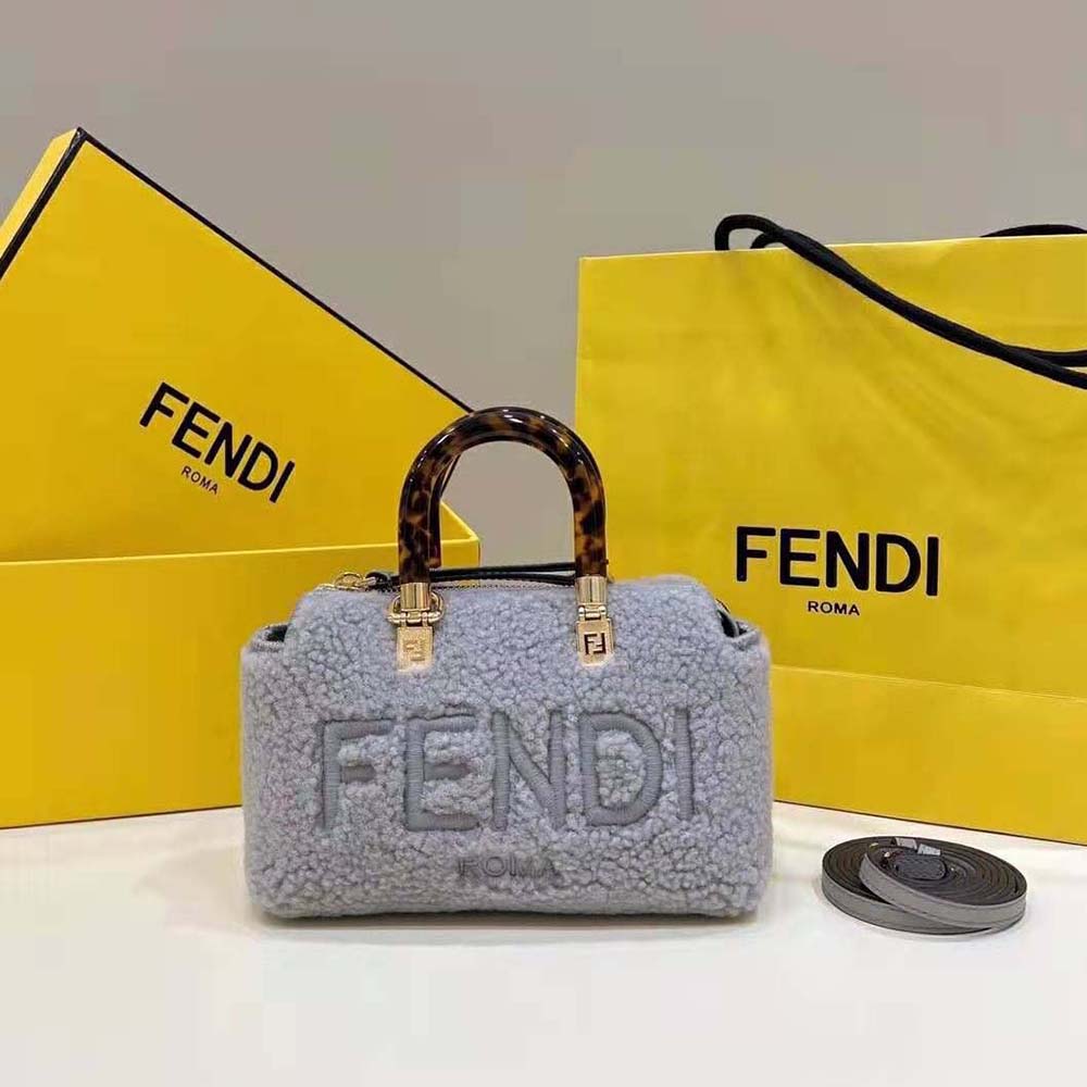 Close-up of gold hardware on Fendi Women By The Way Mini Light Gray Sheepskin Small Boston Bag