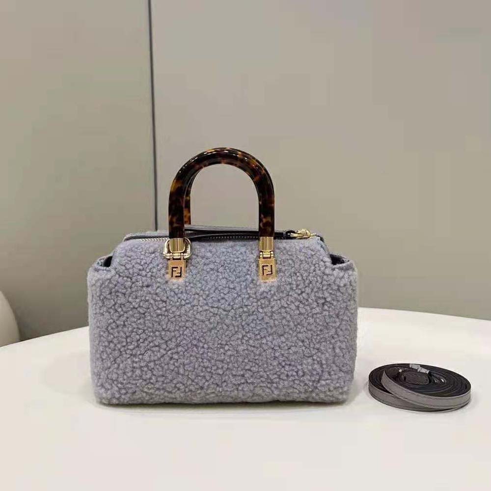 Side angle showing sheepskin texture on Fendi Women By The Way Mini Light Gray Sheepskin Small Boston Bag
