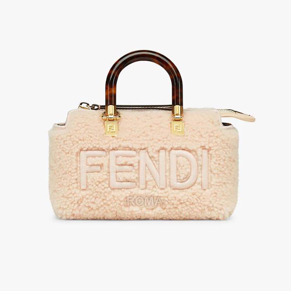 Front view of Fendi Women By The Way Mini Light Pink Sheepskin Small Boston Bag