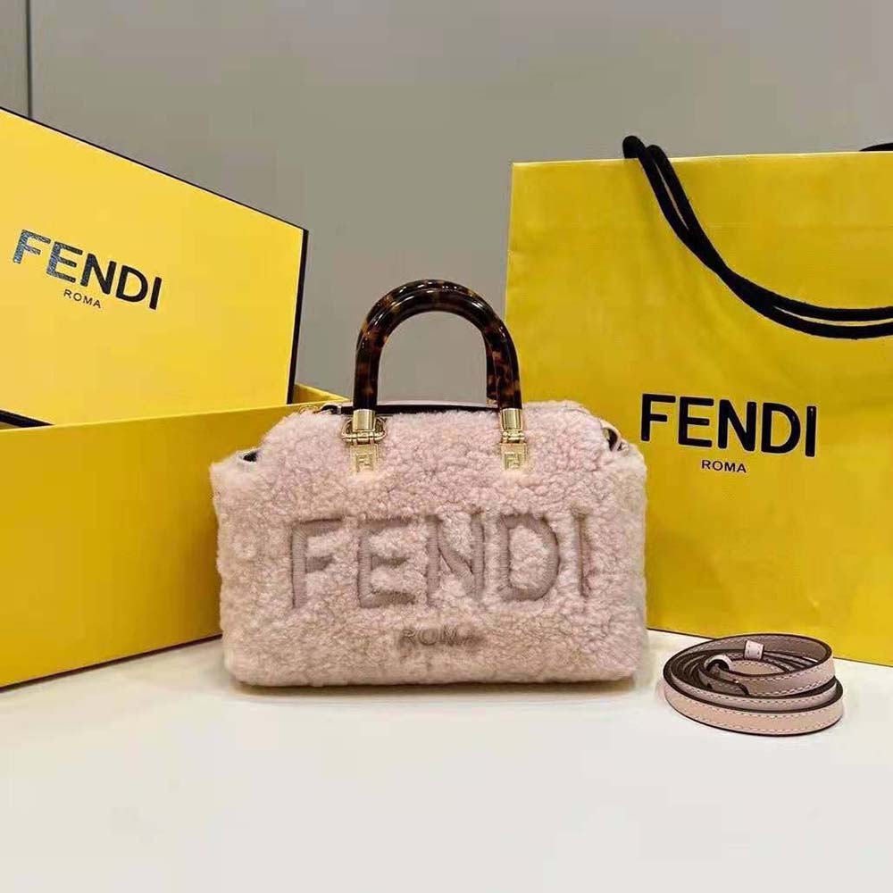 Close-up of gold hardware on Fendi Women By The Way Mini Pink Sheepskin Bag