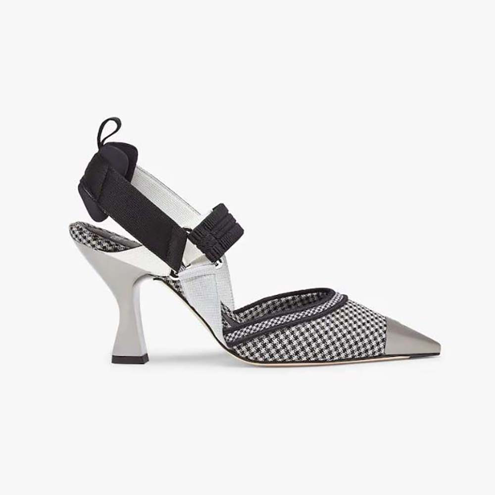Side view of Fendi Women Colibrì High-Heeled Slingbacks in black houndstooth fabric