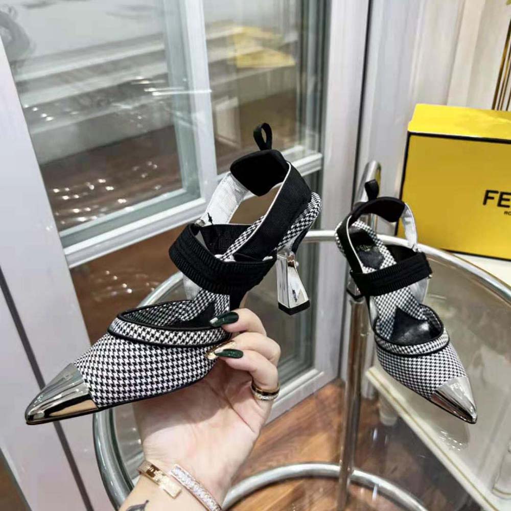 Fendi Women Colibrì High-Heeled Slingbacks in Black Houndstooth Fabric - image 5