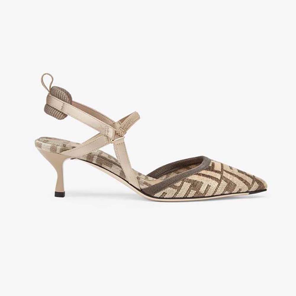 Side view of Fendi Women Colibrì Lite Medium-Heel Beige FF Chenille Slingbacks
