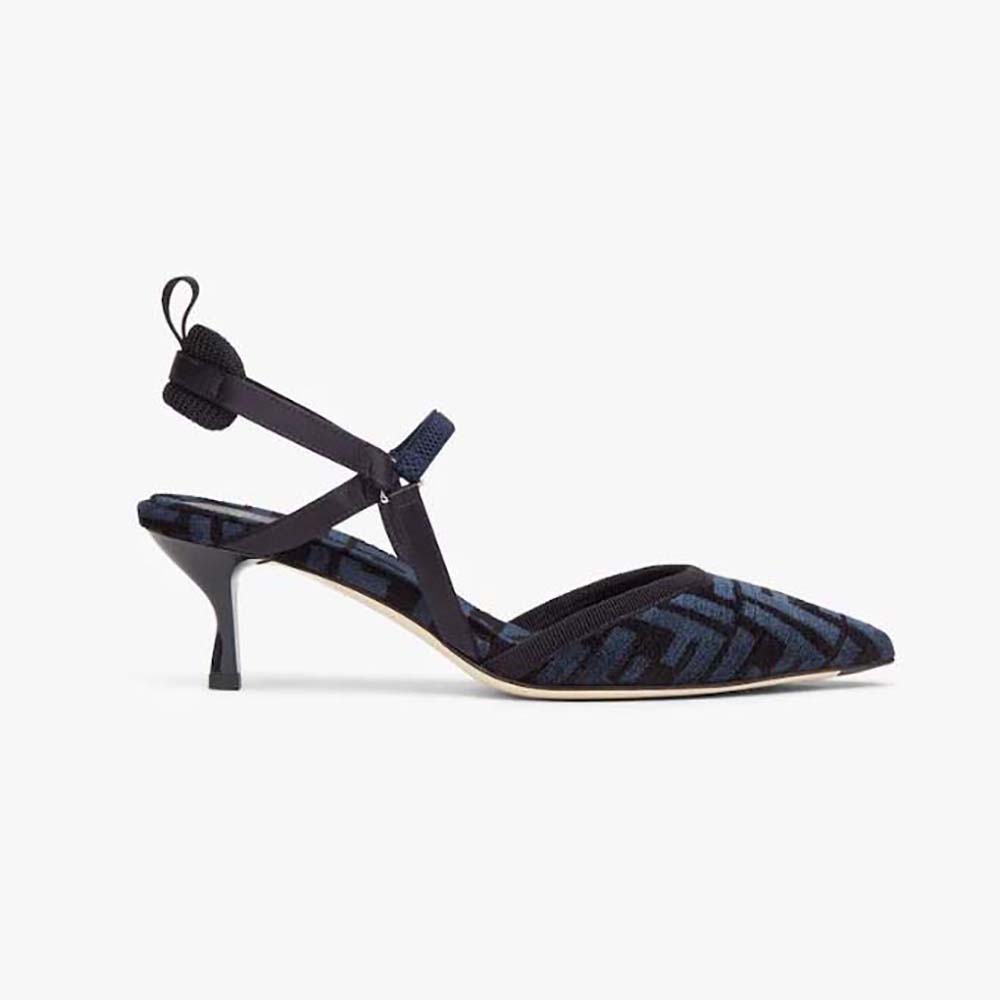 Side view of Fendi Women Colibrì Lite Medium-Heel Blue FF Chenille Slingbacks