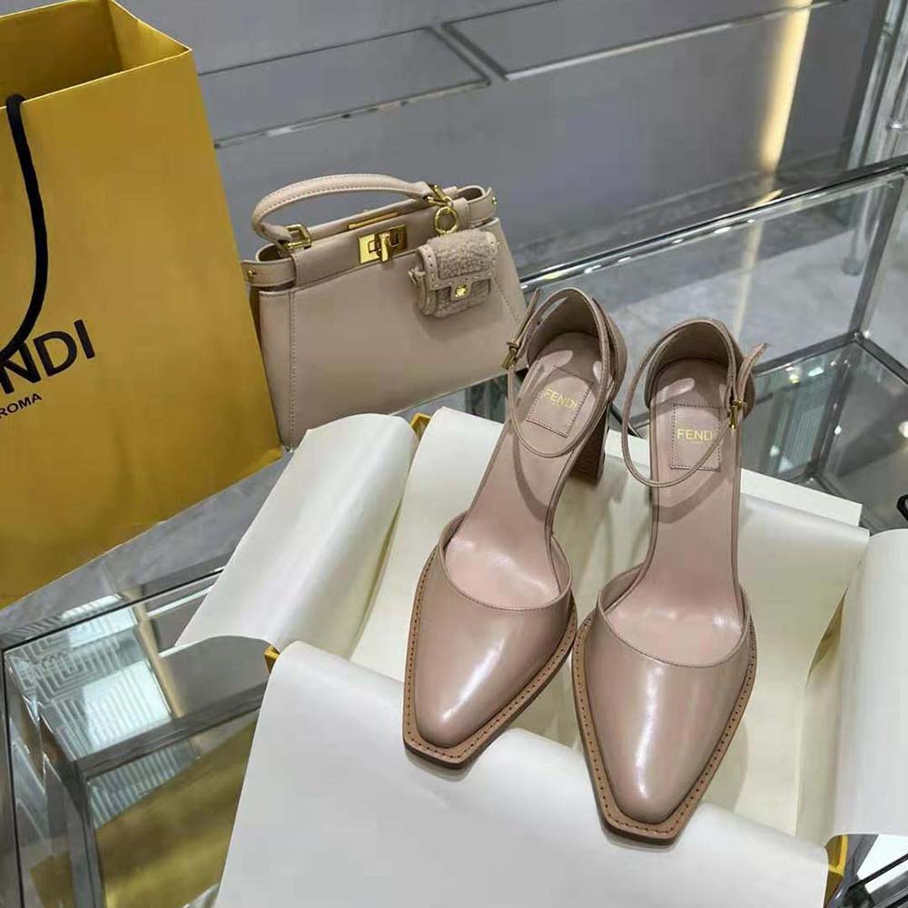 Top angle showing sandy leather and buckle on Fendi Women Cut Pink Leather High-Heeled Court Shoes