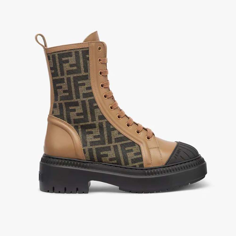 Side angle of Fendi Women Domino Beige Leather Biker Boots showing silhouette