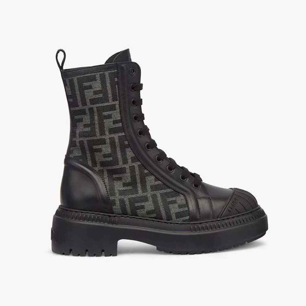 Side view of Fendi Women Domino Black Leather Biker Boots showing silhouette