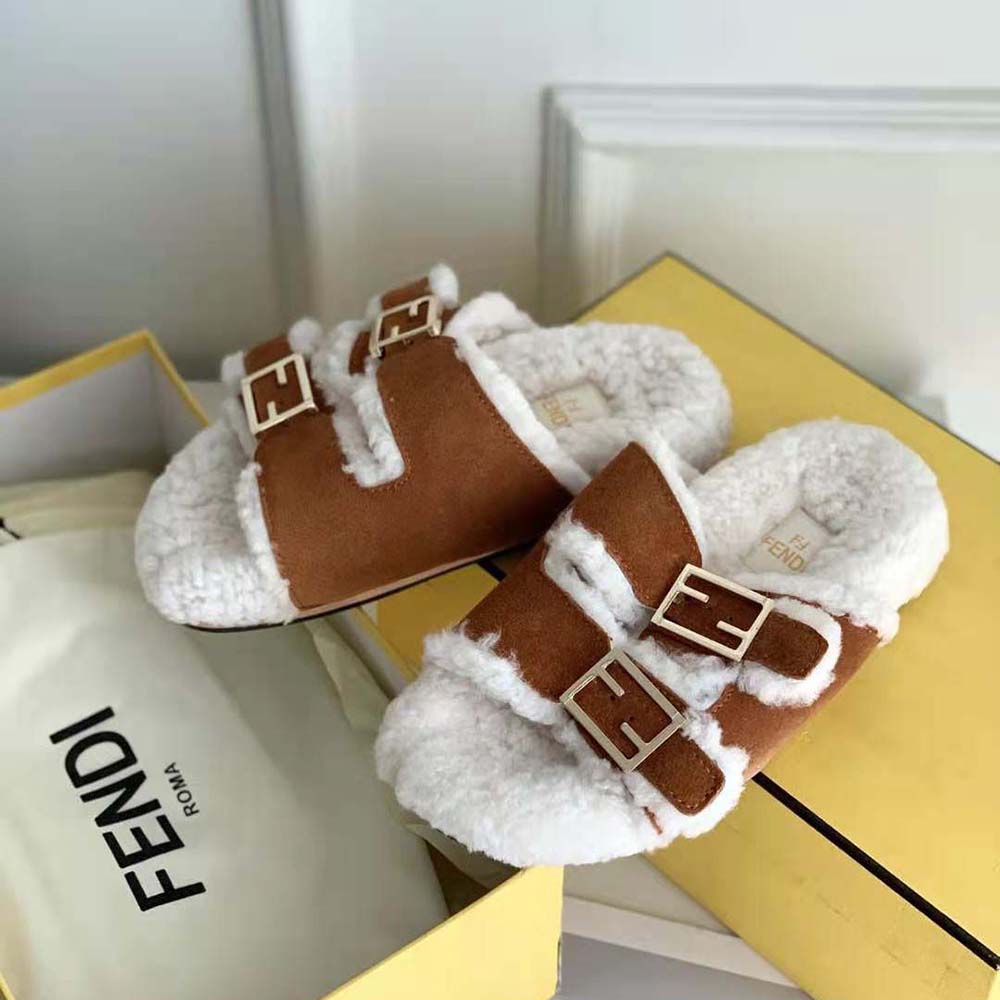 Fendi Women Feel White Sheepskin Slides - image 5