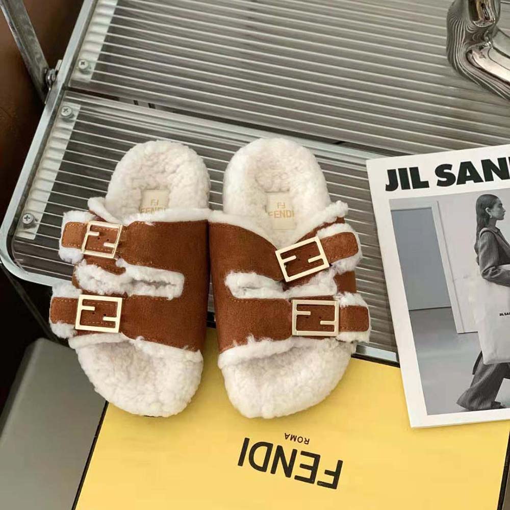 Top view of Fendi Women Feel White Sheepskin Slides open-toe design