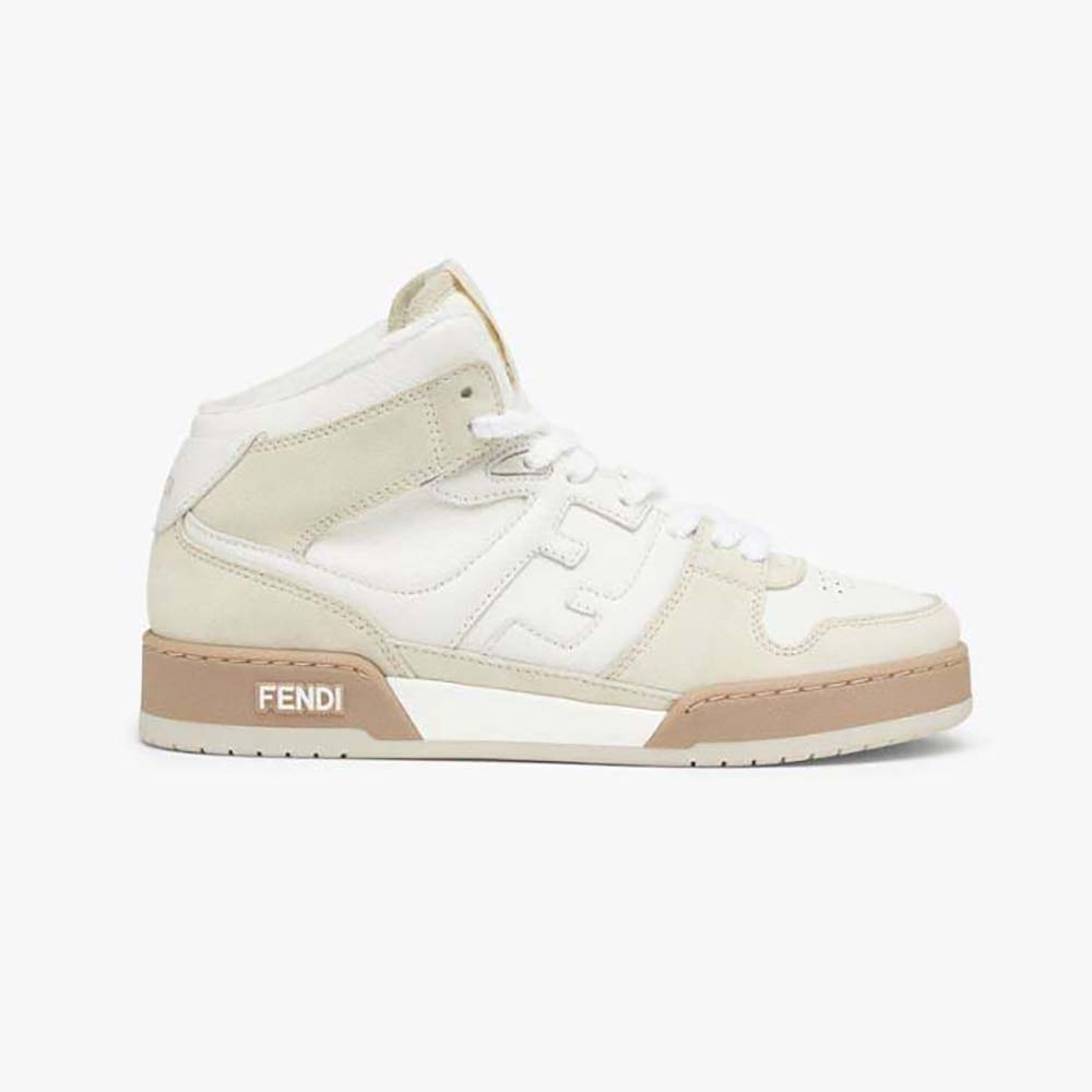 Side view of Fendi Women Fendi Match White Leather High-Tops showcasing sleek silhouette